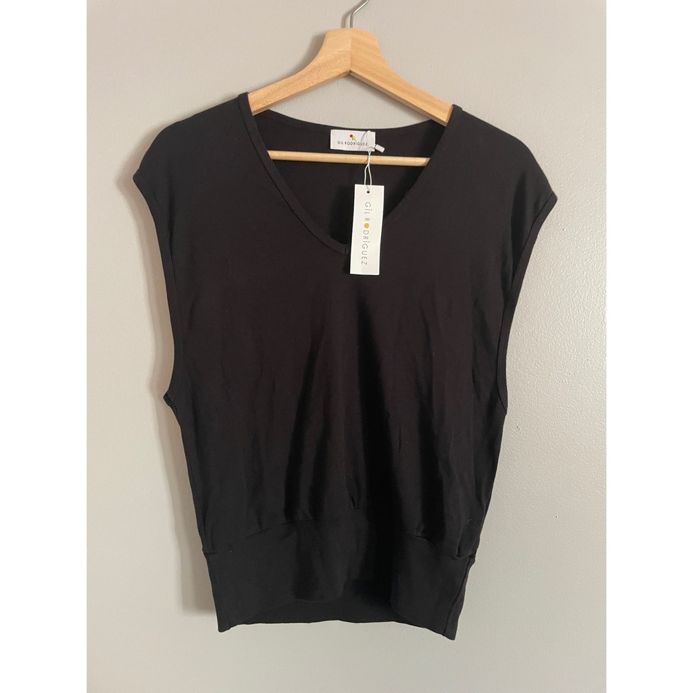 Gil Rodriguez V-Neck Top Womens XXS Black Banded Hem Sleeveless Minimalist